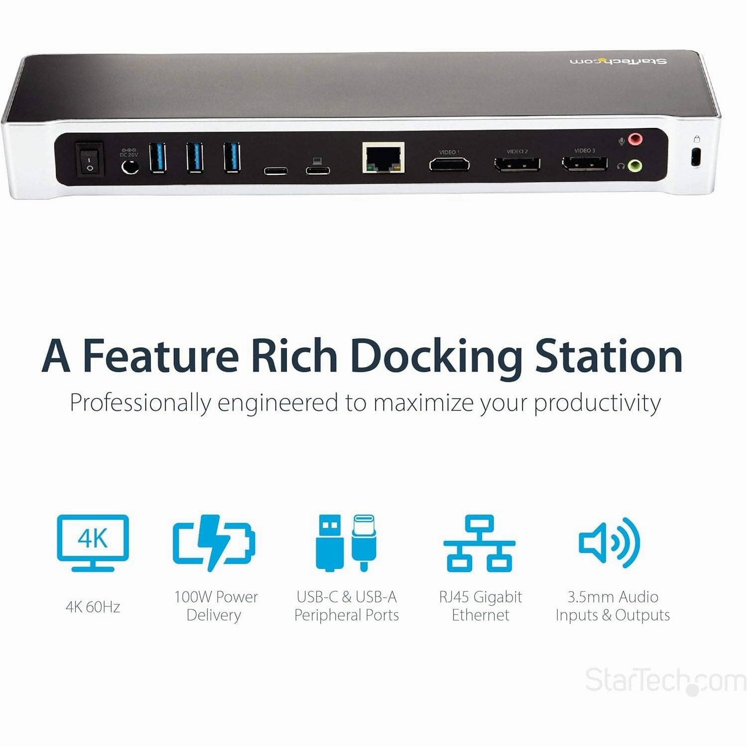 StarTech.com 4K Triple Monitor USB-C Dock - Dual DisplayPort & HDMI, 100W PD, 4x USB-A Hub, USB 3.1 Gen 1, Windows & Mac Compatible (DK30CH2DEPUE)