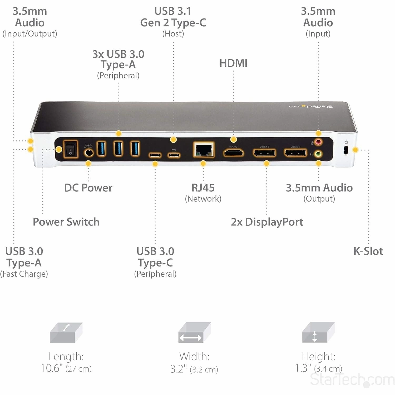 StarTech.com USB-C Dock - 4K Triple Monitor Laptop Docking Station with Dual DisplayPort & HDMI - 100W Power Delivery - USB-C, 4x USB-A Hub - USB 3.1 Gen 1 Type-C Dock - Windows & Mac