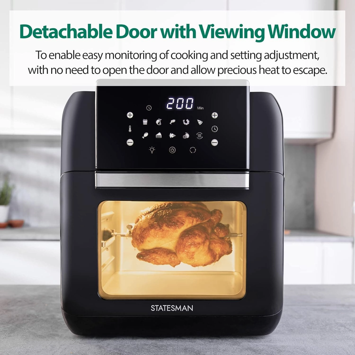 Statesman SKAO11015BK Digital Air Fryer Oven with Rotisserie 11 Litre, 1500W, 60 Minute Timer, 360 Hot Air Circulation, 10 Cooking Programs, Basket & Skewer Set Included