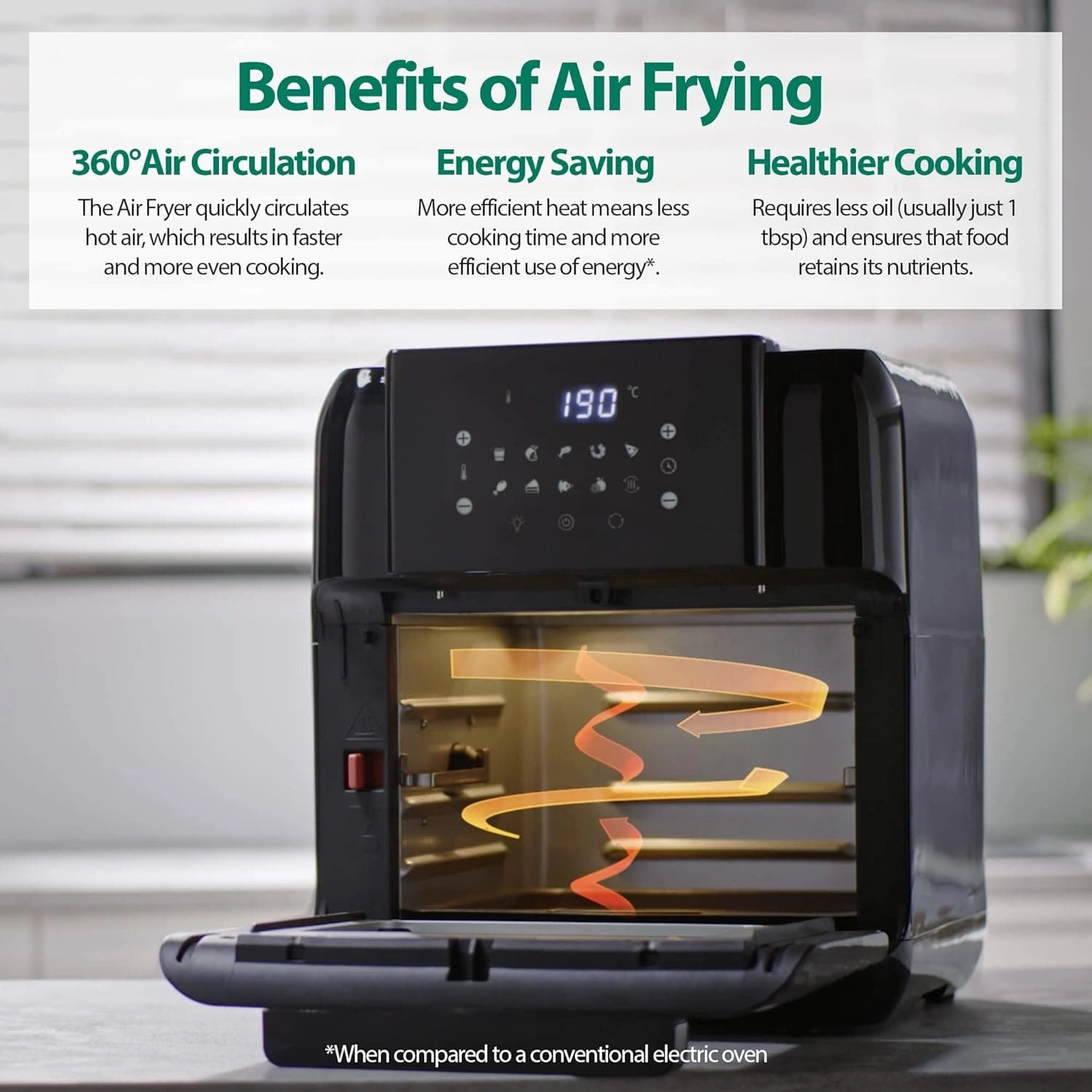 Statesman SKAO11015BK Digital Air Fryer Oven with Rotisserie 11 Litre, 1500W, 60 Minute Timer, 360 Hot Air Circulation, 10 Cooking Programs, Basket & Skewer Set Included