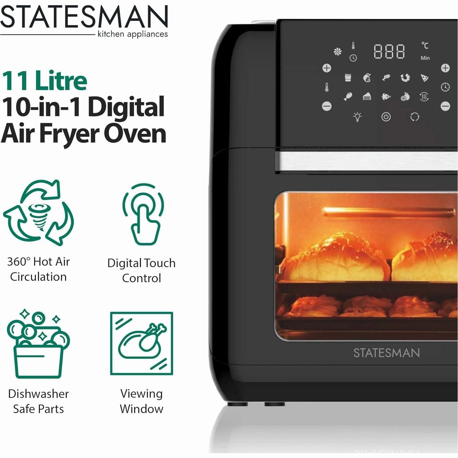 Statesman SKAO11015BK Digital Air Fryer Oven with Rotisserie 11 Litre, 1500W, 60 Minute Timer, 360 Hot Air Circulation, 10 Cooking Programs, Basket & Skewer Set Included