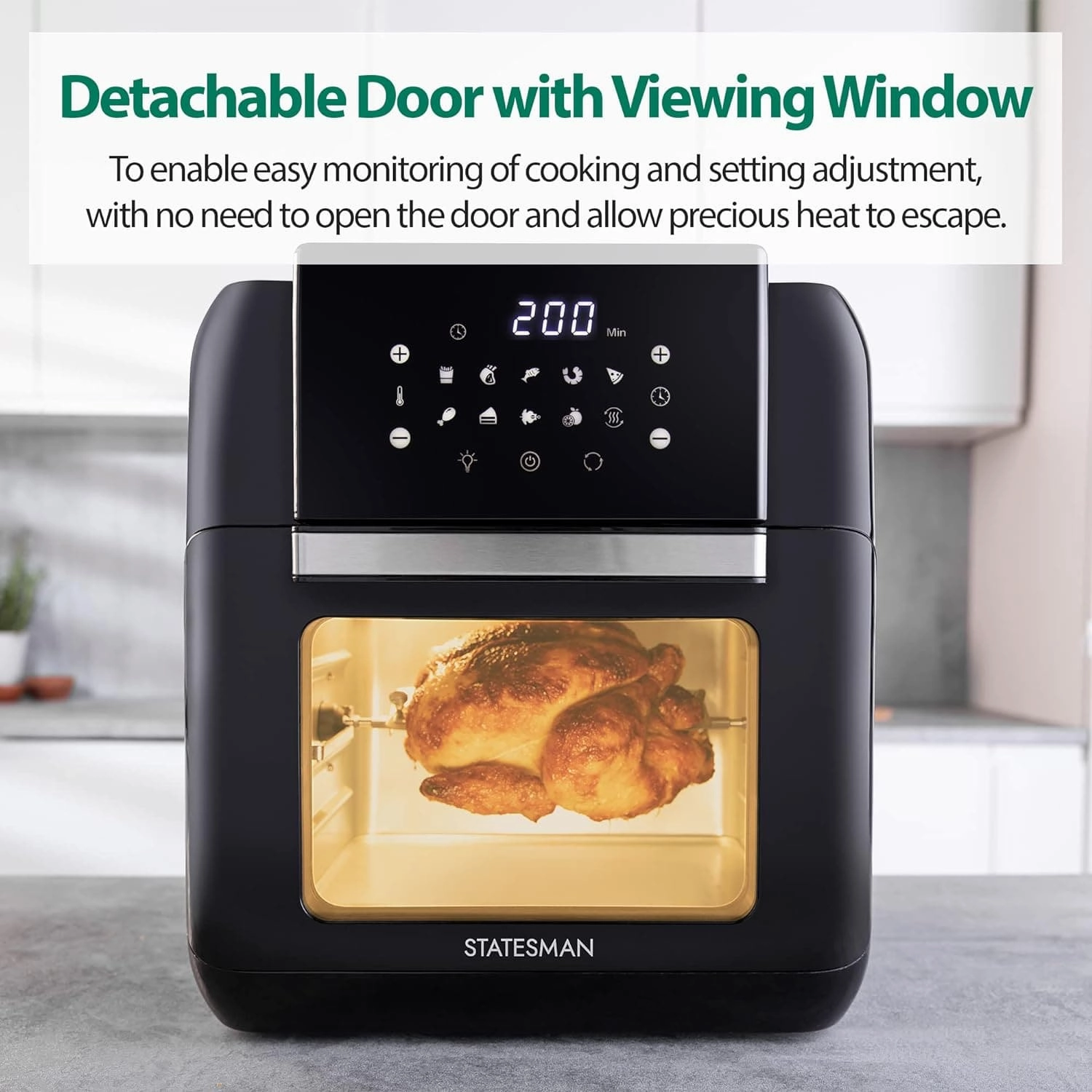 Statesman SKAO11015BK Digital Air Fryer Oven with Rotisserie 11 Litre, 1500W, 60 Minute Timer, 360 Hot Air Circulation, 10 Cooking Programs, Basket & Skewer Set Included