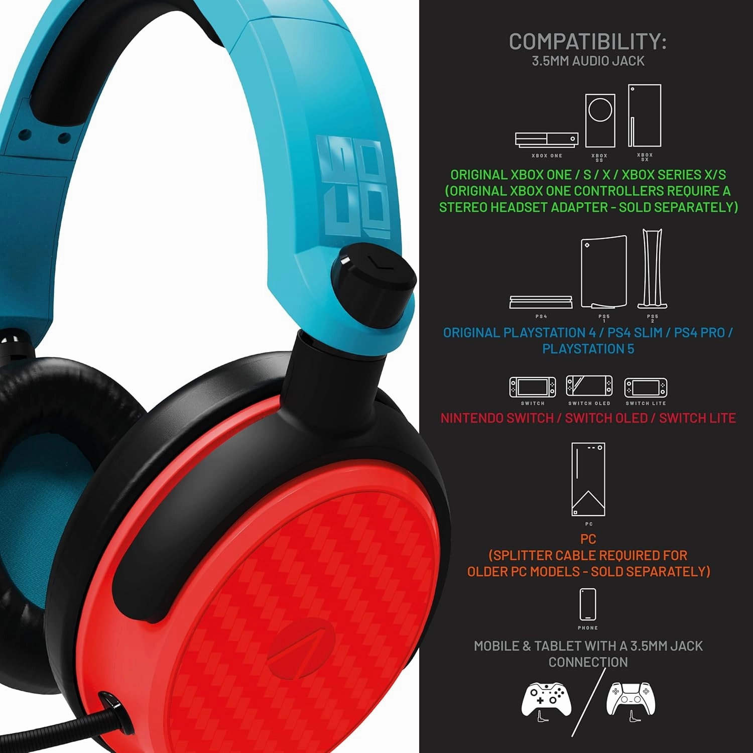 STEALTH C6-100 Over-Ear Gaming Headset - Neon Red & Blue, Compatible with PS4/PS5, Xbox, Switch, PC, Flexible Mic, 3.5mm Jack, 1.5m Cable