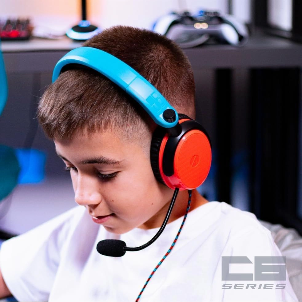 STEALTH C6-100 Over-Ear Gaming Headset - Neon Red & Blue, Compatible with PS4/PS5, Xbox, Switch, PC, Flexible Mic, 3.5mm Jack, 1.5m Cable