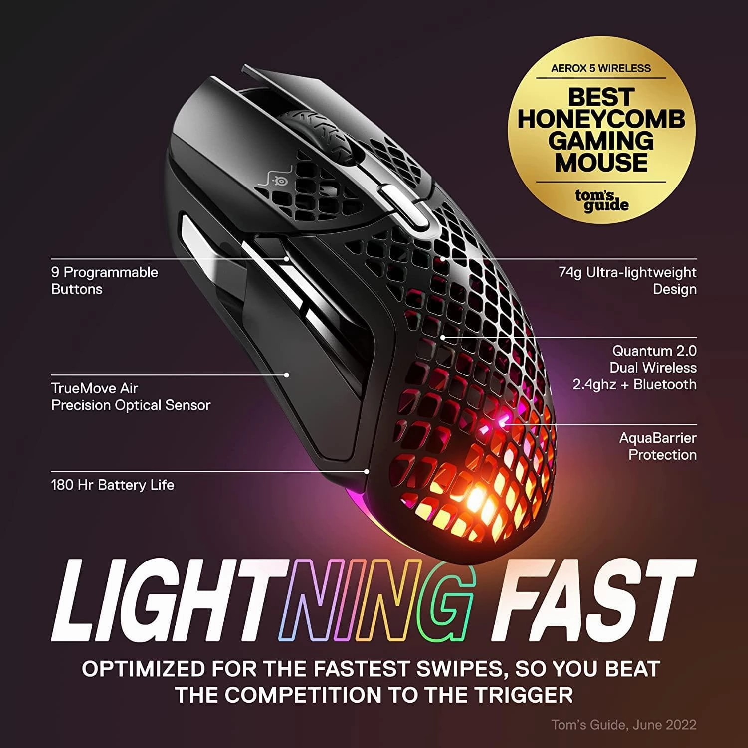 SteelSeries Aerox 5 Wireless Gaming Mouse C Ultra Lightweight 74g C 9 Buttons C Bluetooth/2.4 GHz C 180 Hr Battery C IP54 Water Resistant C PC/MAC C FPS, MOBA, Battle Royale