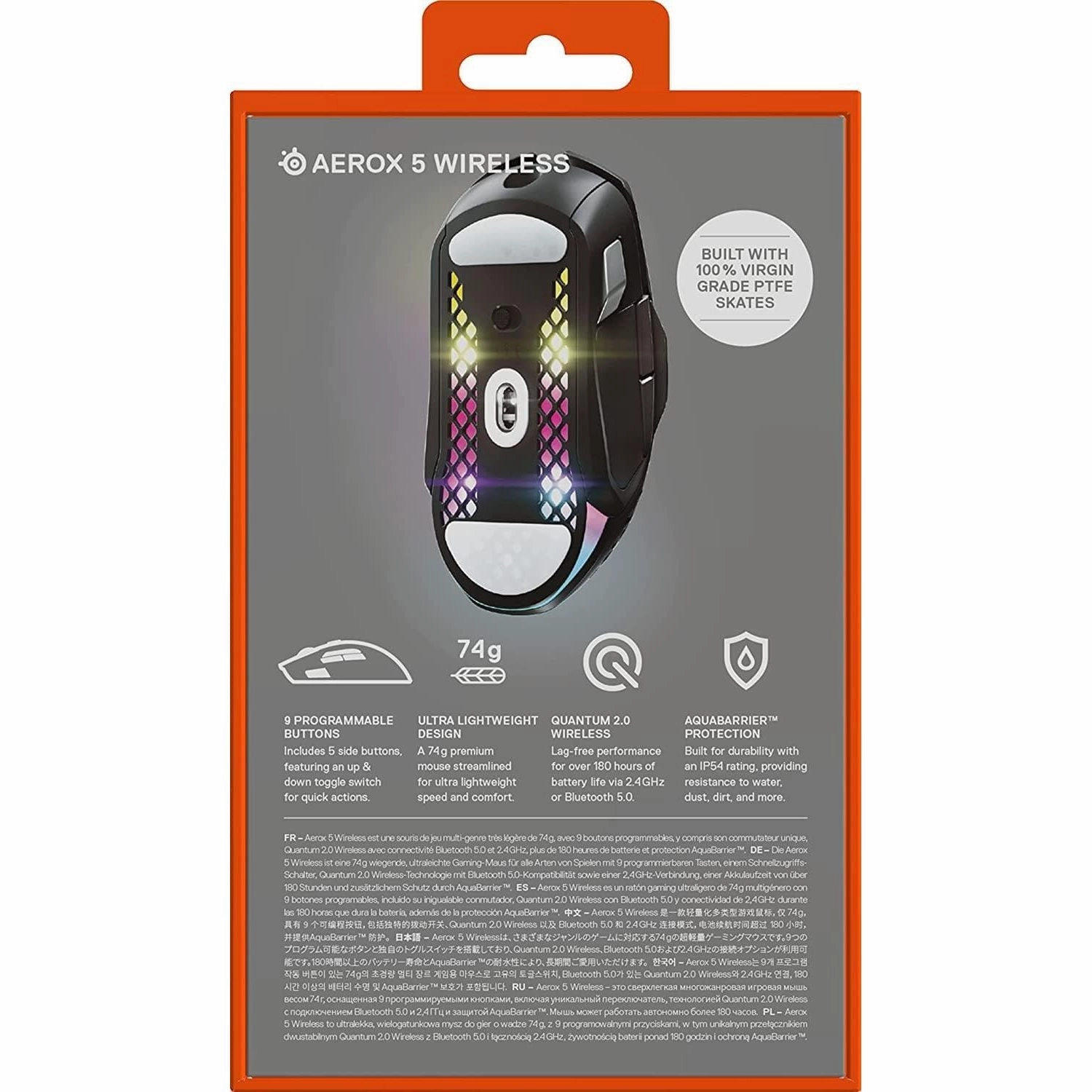 SteelSeries Aerox 5 Wireless Gaming Mouse C Ultra Lightweight 74g C 9 Buttons C Bluetooth/2.4 GHz C 180 Hr Battery C IP54 Water Resistant C PC/MAC C FPS, MOBA, Battle Royale