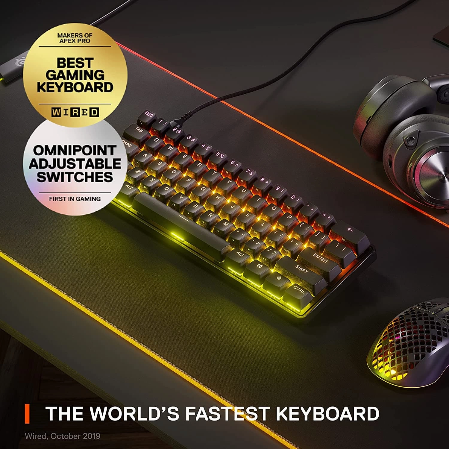SteelSeries Apex Pro Mini - Mechanical Gaming Keyboard C Worlds Fastest Keyboard C Adjustable Actuation C Compact 60% Form Factor C English (QWERTY) Layout