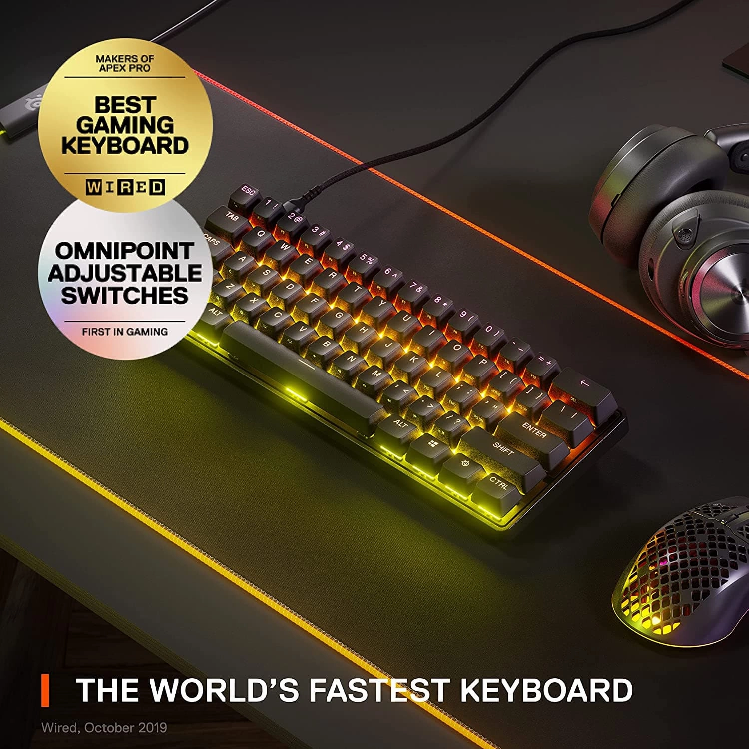 SteelSeries Apex Pro Mini - Mechanical Gaming Keyboard C Worlds Fastest Keyboard C Adjustable Actuation C Compact 60% Form Factor C English (QWERTY) Layout