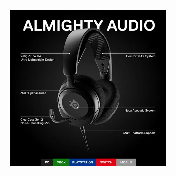 SteelSeries Arctis Nova 1 - Gaming Headset for PC, PS5, PS4, Switch, Xbox - Hi-Fi Drivers - 360 Spatial Audio - AirWeave Memory Foam Ear Cushions - Ultra Lightweight - Black