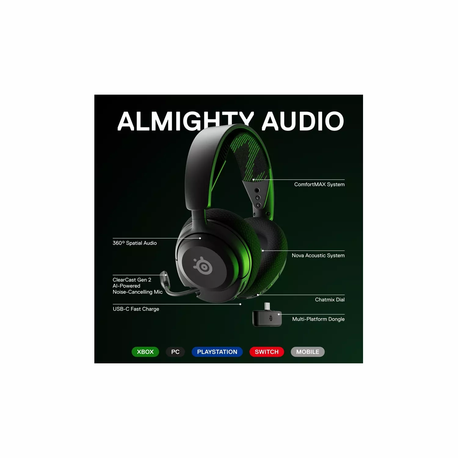 SteelSeries Arctis Nova 4X Wireless Multi-Platform Gaming Headset  360 Spatial Audio  2.4GHz High-Speed Wireless  36 Hr Battery  USB-C  ClearCast Gen 2 Mic  Xbox Series X|S, PC, PS5, Switch