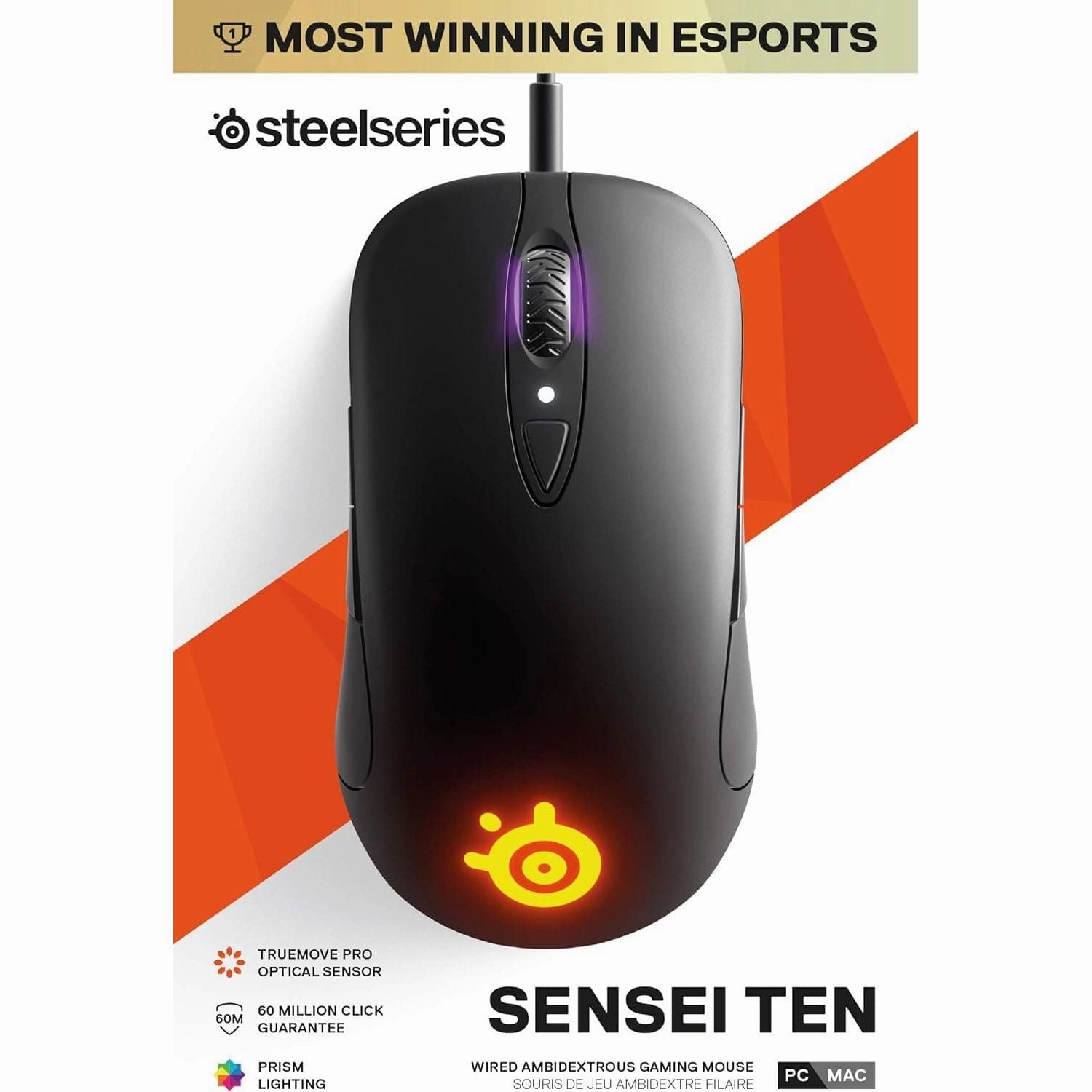 SteelSeries Sensei Ten - Gaming Mouse - 18, 000 CPI Truemove Pro Optical Sensor - Ambidextrous design - 8 Programmable Buttons - RGB Lighting - Black
