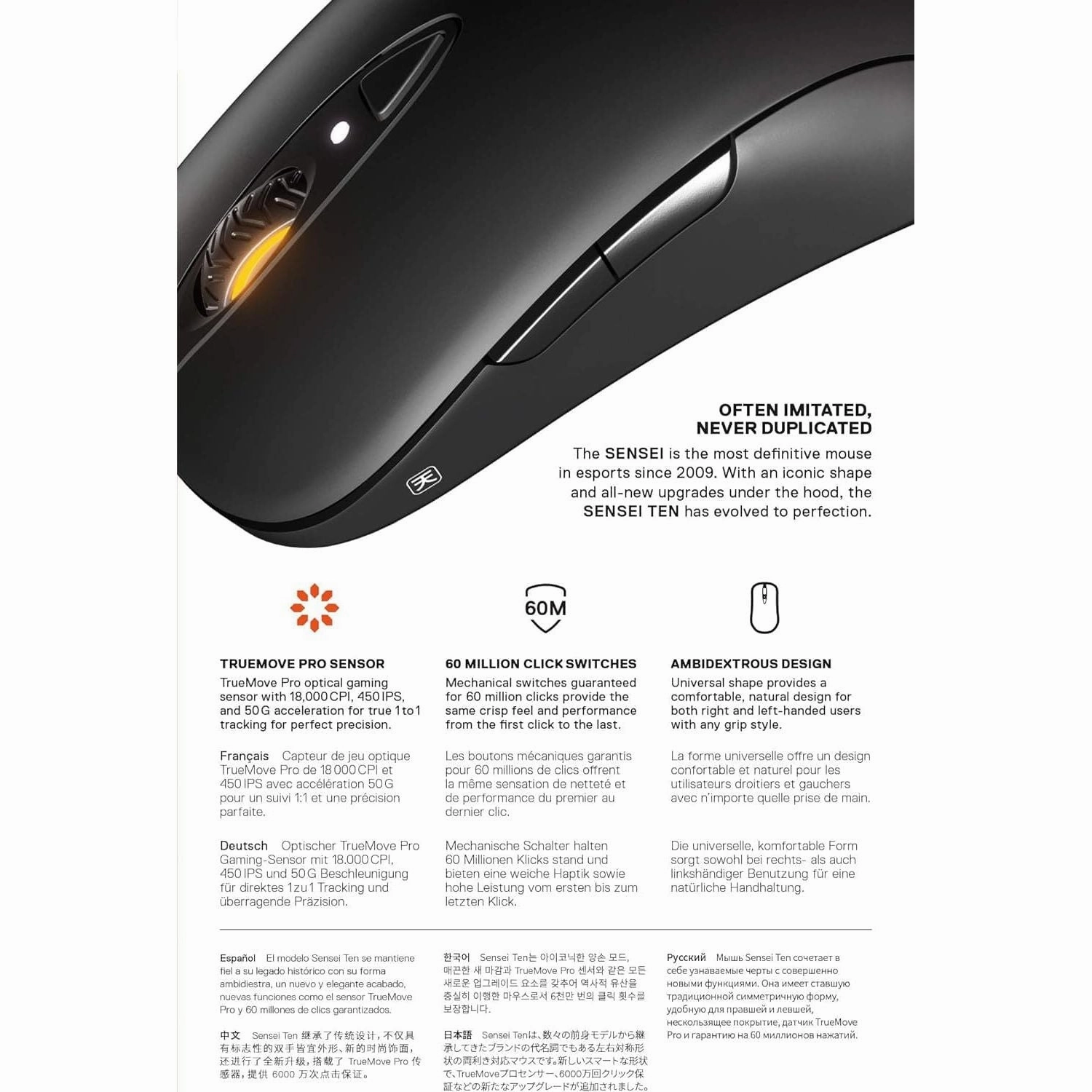 SteelSeries Sensei Ten - Gaming Mouse - 18, 000 CPI Truemove Pro Optical Sensor - Ambidextrous design - 8 Programmable Buttons - RGB Lighting - Black