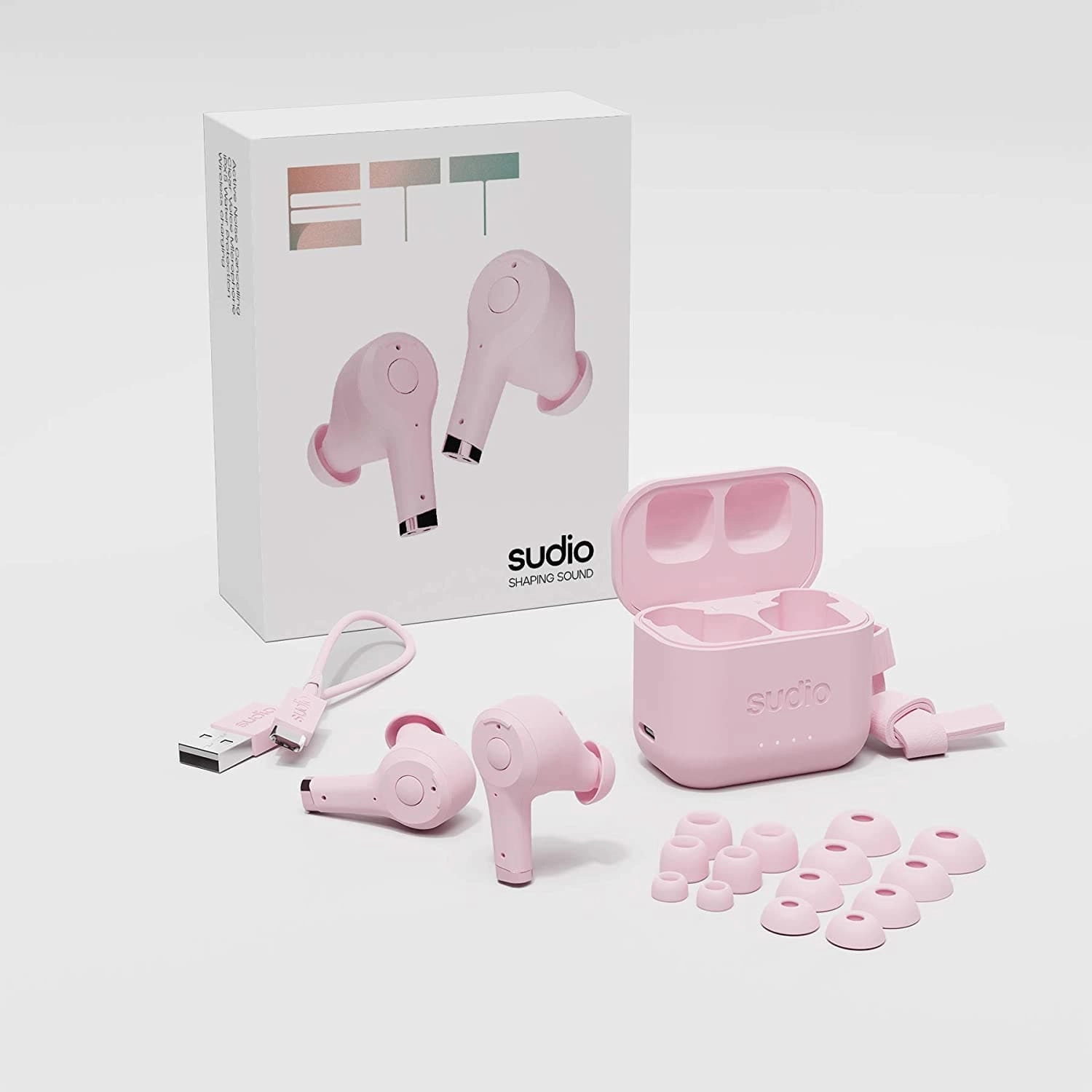 Sudio Ett True Wireless Bluetooth Earbuds - Active Noise Cancelling, Transparency Mode, IPX5 Water Protection, 30h Battery Time, supports Wireless Charging, compatible with Android and iOS (Pink)