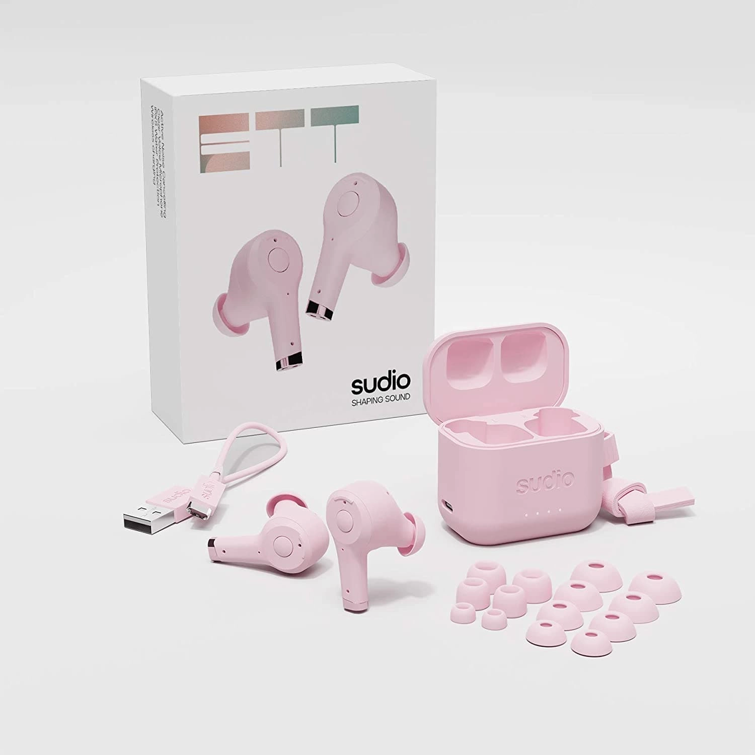 Sudio Ett True Wireless Bluetooth Earbuds - Active Noise Cancelling, Transparency Mode, IPX5 Water Protection, 30h Battery Time, supports Wireless Charging, compatible with Android and iOS (Pink)
