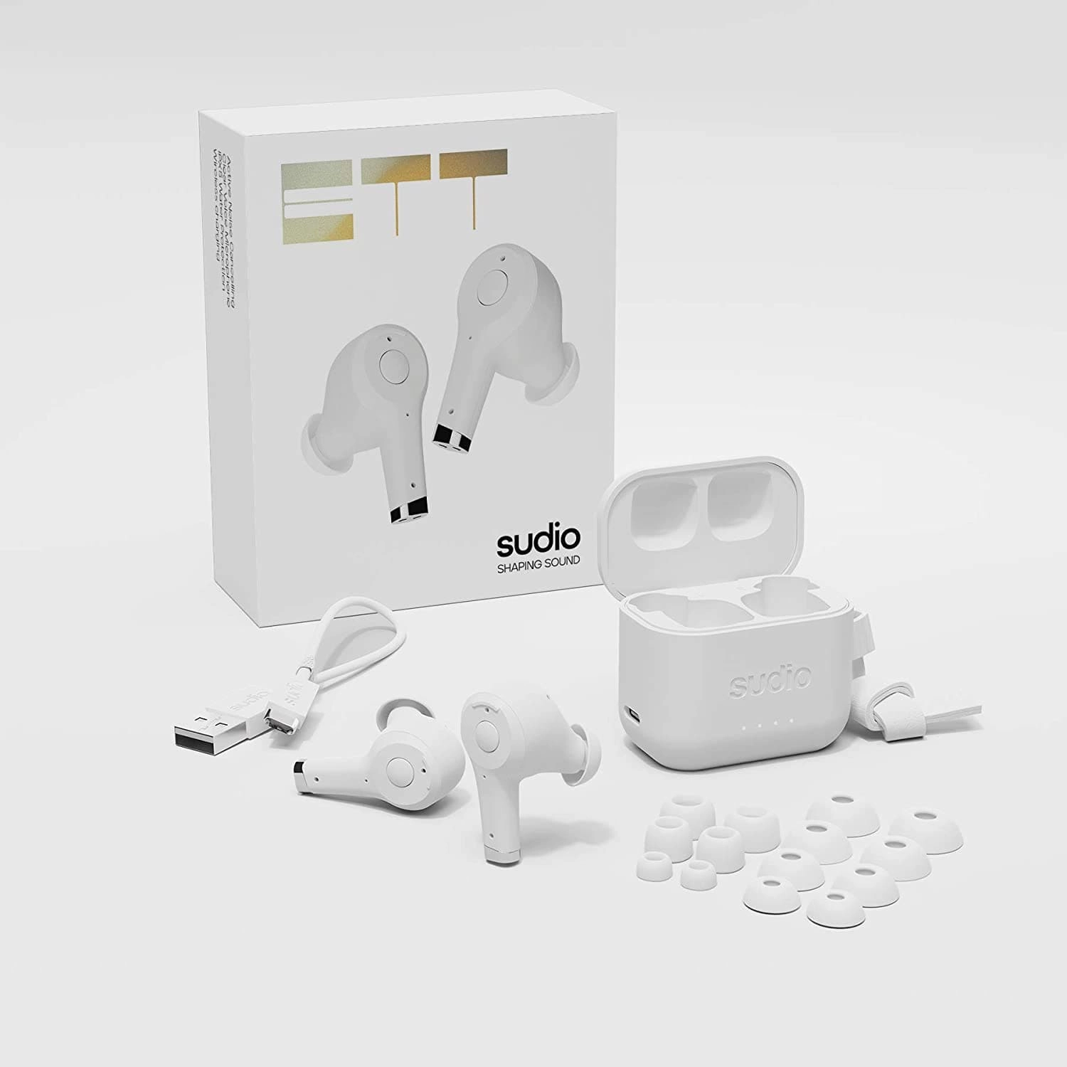 Sudio Ett True Wireless Bluetooth Earbuds - Active Noise Cancelling, Transparency Mode, IPX5 Water Protection, 30h Battery Time, supports Wireless Charging, compatible with Android and iOS (White)