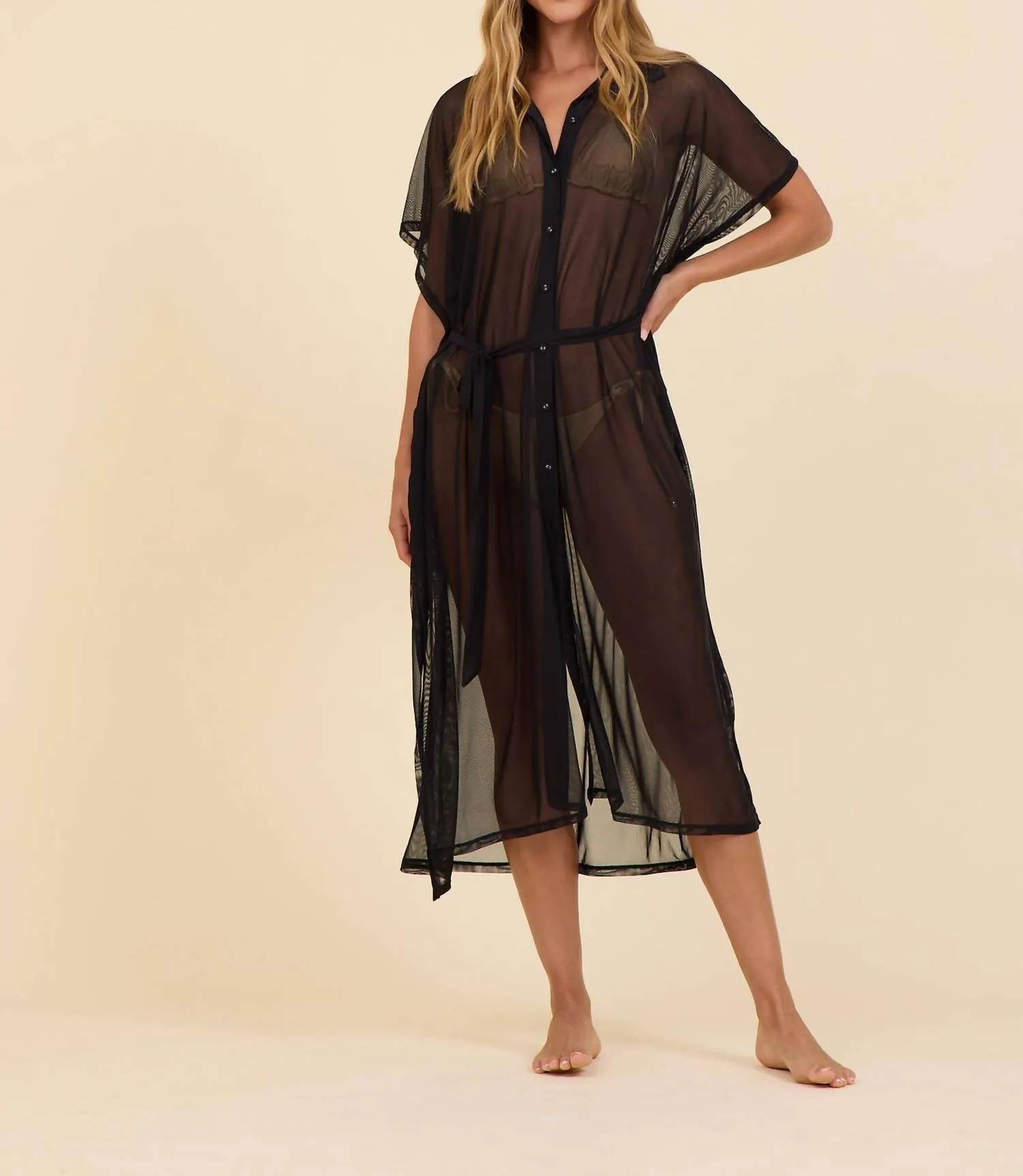Surf Gypsy Mesh Button Front Coverup Dress In Black