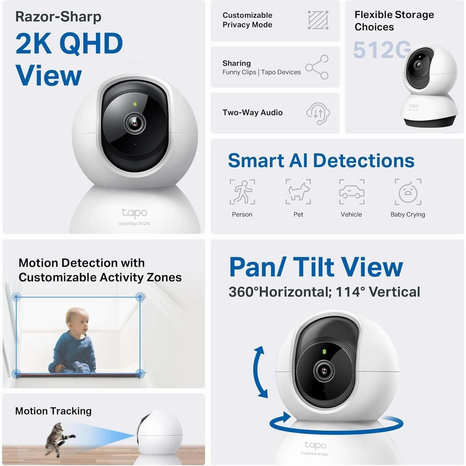 Tapo 2K QHD Indoor Pan/Tilt Security Wi-Fi Camera, AI Detection,360 Visual Coverage, Night Vision, Customizable privacy Mode, Cloud &Local Storage, Works with Alexa&Google Home(Tapo C220)