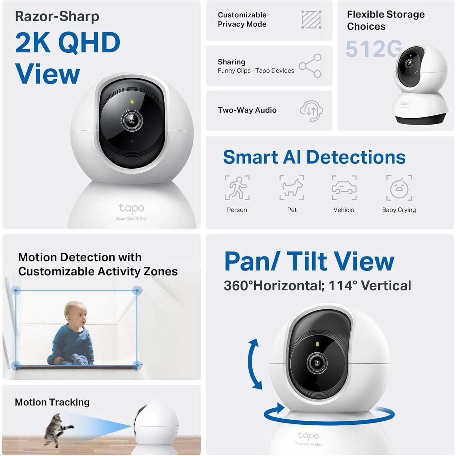 Tapo 2K QHD Indoor Pan/Tilt Security Wi-Fi Camera, AI Detection,360 Visual Coverage, Night Vision, Customizable privacy Mode, Cloud &Local Storage, Works with Alexa&Google Home(Tapo C220)