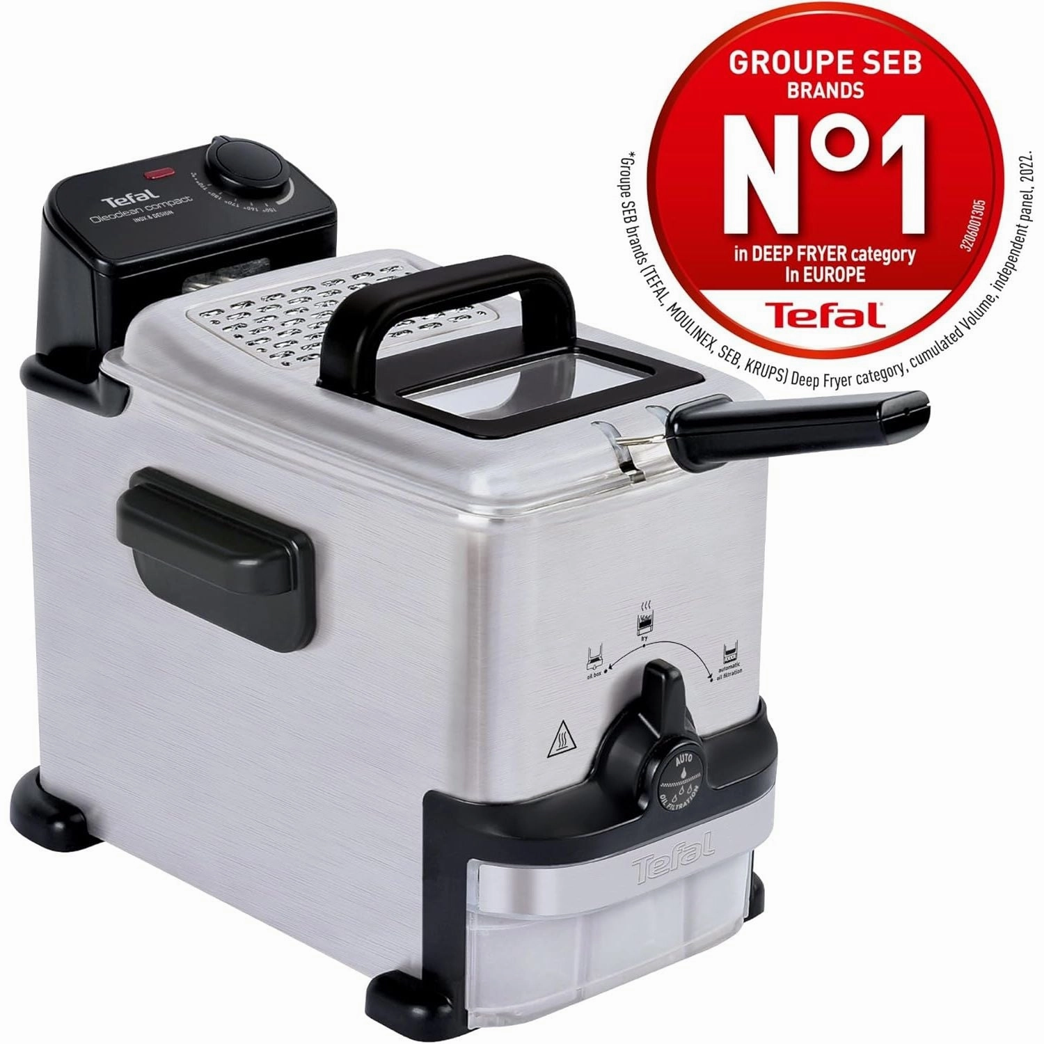 Tefal Compact Deep Fryer Oleo Clean 2L  Stainless Steel, Oil Filtration & Storage, 1500W (FR701640)