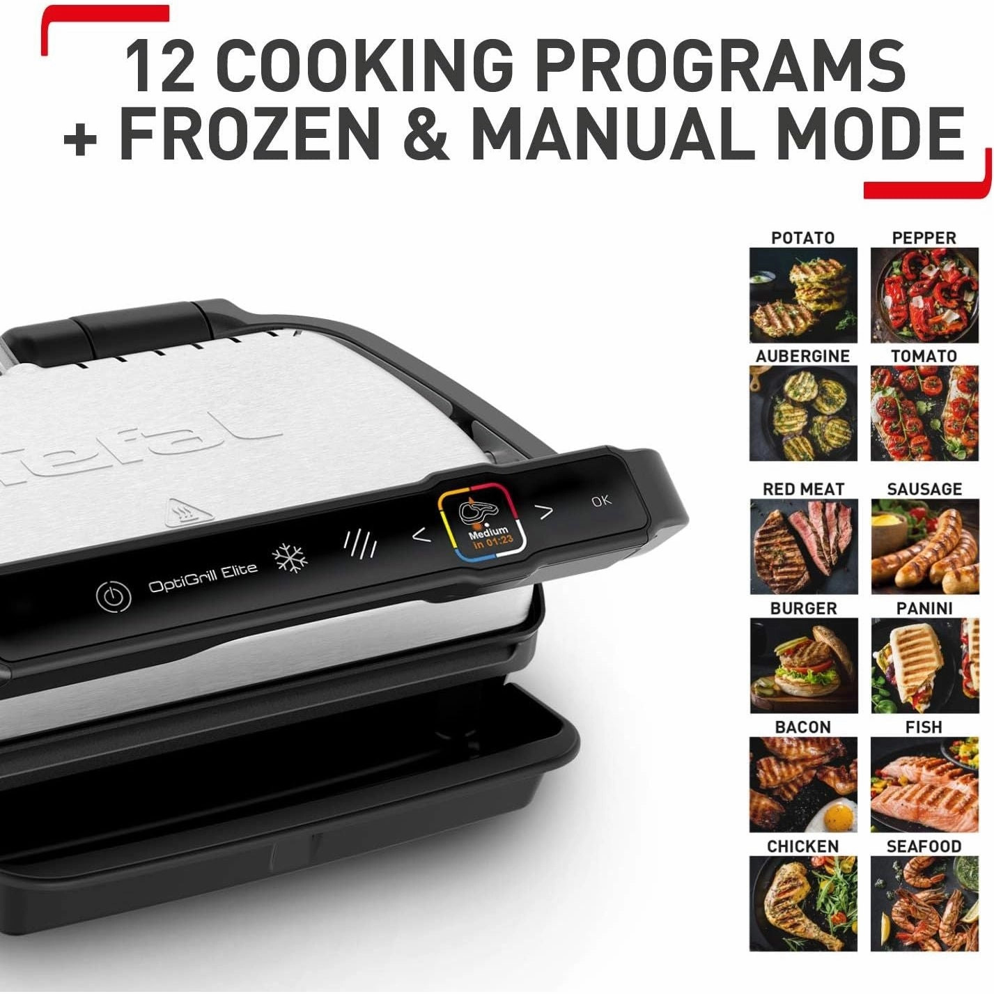 Tefal OptiGrill Elite GC750D40 Intelligent Health Grill  2000W, 4-6 Portions, Black & Stainless Steel