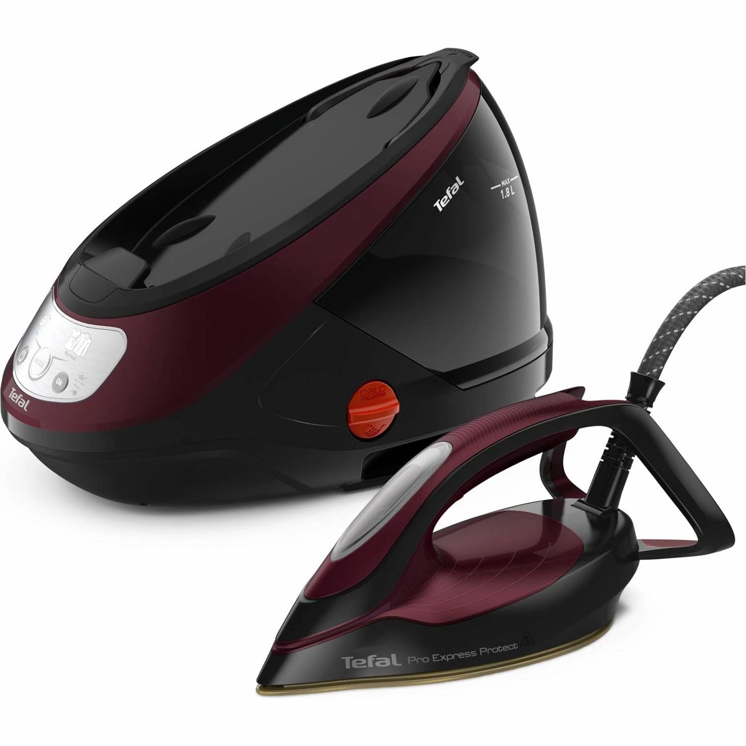Tefal Pro Express Protect Steam Generator Iron  1.8L, 7.5 Bar, 140g/min Continuous Steam, 560g/min Boost, 2600W, Removable Scale Collector  Burgundy & Black (GV9230)