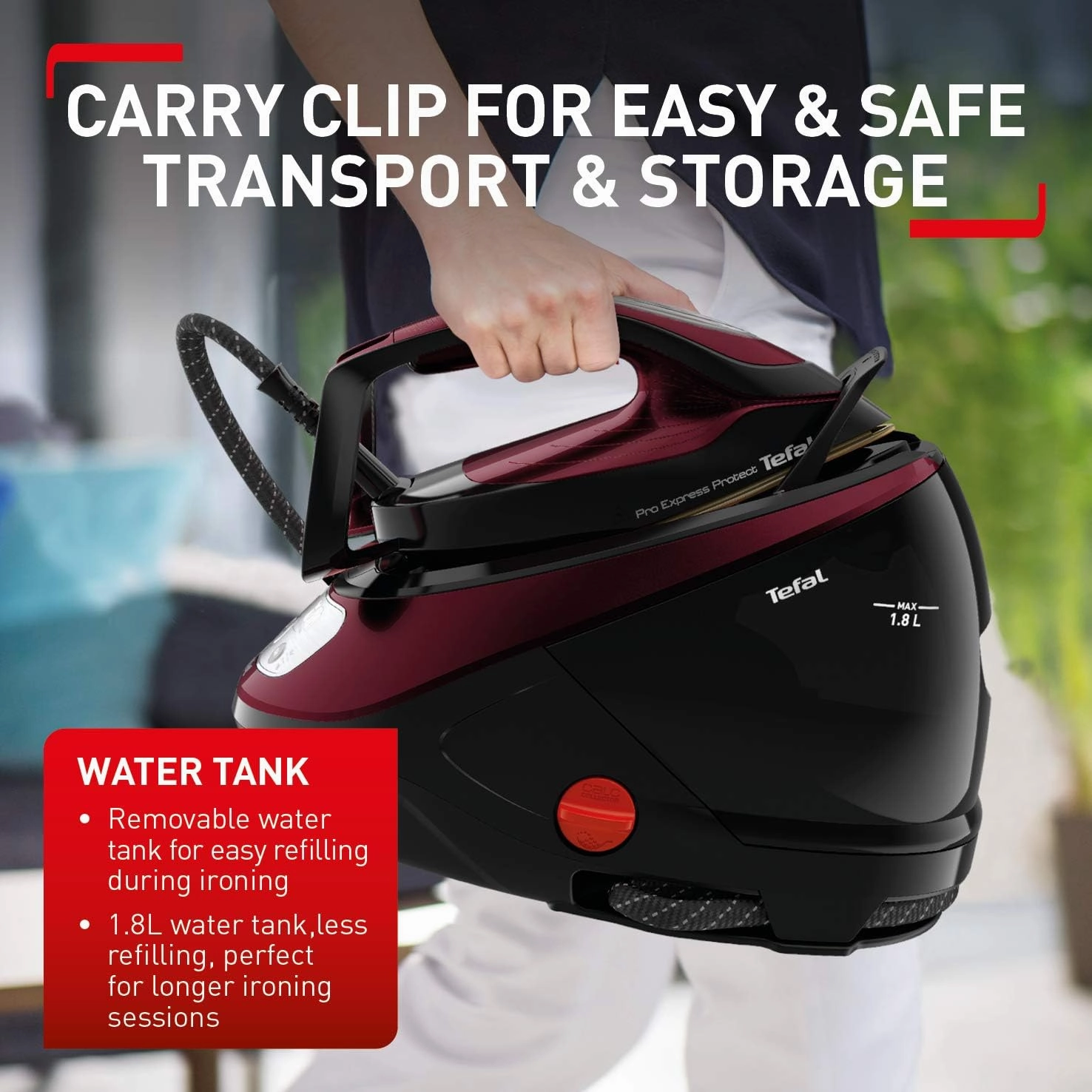 Tefal Pro Express Protect Steam Generator Iron  1.8L, 7.5 Bar, 140g/min Continuous Steam, 560g/min Boost, 2600W, Removable Scale Collector  Burgundy & Black (GV9230)