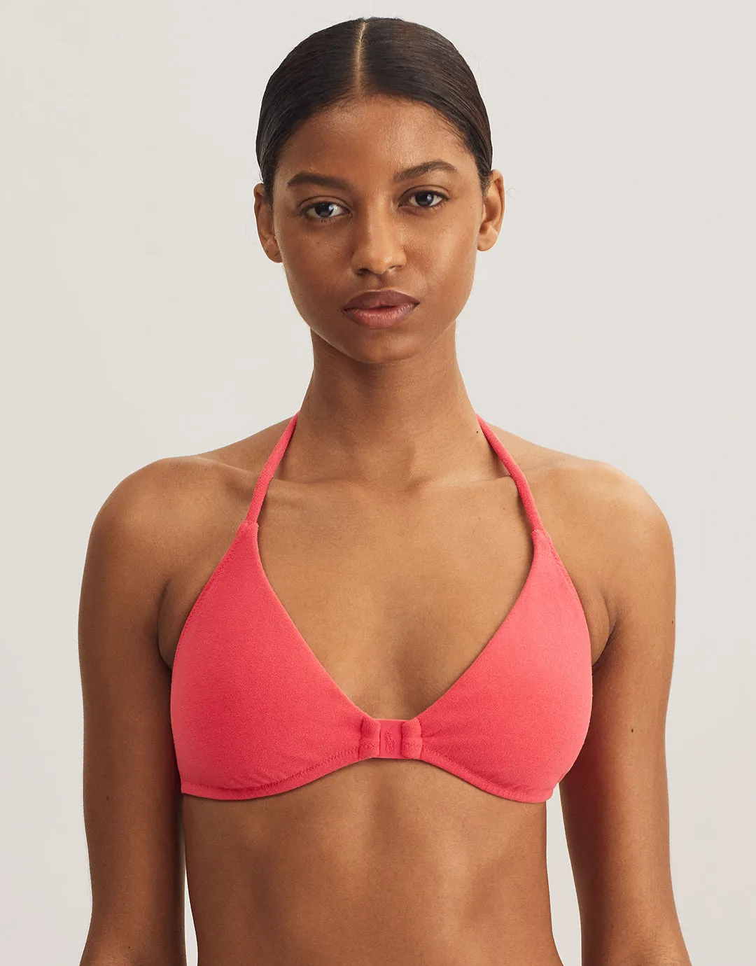 Terry Logo Halter Tri Bikini Top - Coral
