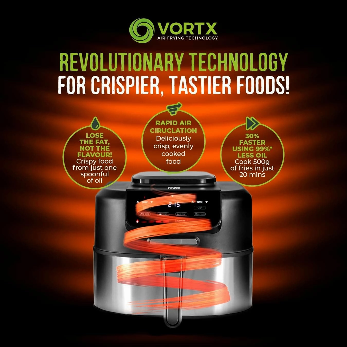 Tower T17131 Vortx 5 in 1 Air Fryer and Grill with Crisper, 5.6L, 1700W, Black