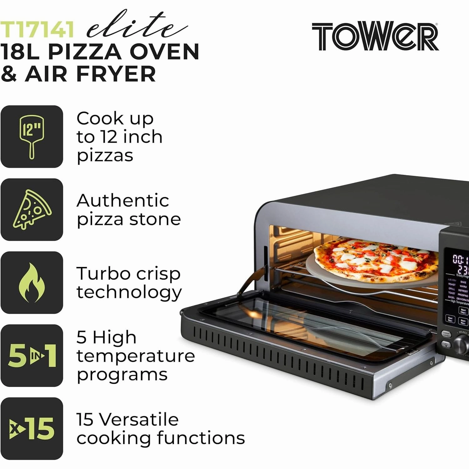 Tower T17141 Elite Pizza Oven with 5 High Temperature Programs, 15 Cooking Functions, Turbo Crisper, 400C,18L, 2000W, Grey & Chrome