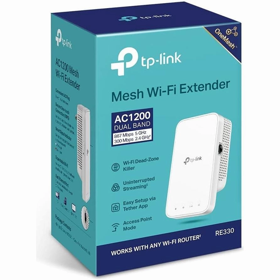 TP-Link AC1200 Mesh Dual Band Wi-Fi Range Extender, Broadband/Booster/Hotspot 1 Ethernet Port, Built-In Access Point Mode, Works with Any Wi-Fi Router, UK Plug