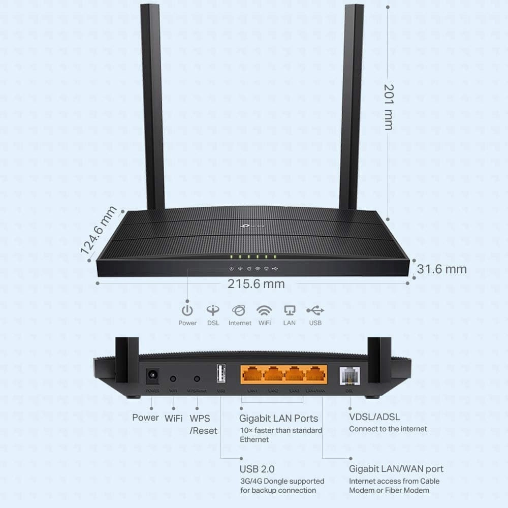TP-Link AC1200 Wireless MU-MIMO VDSL/ADSL Modem Router, Dual-Band, Wi-Fi Speed Up To 1.2 Gbps, OneMeshTM, Versatile Connectivity, 4 x Gigabit Ports  1x 2.0 USB Port, Easy setup (Archer VR400)