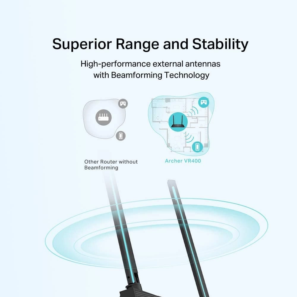 TP-Link AC1200 Wireless MU-MIMO VDSL/ADSL Modem Router, Dual-Band, Wi-Fi Speed Up To 1.2 Gbps, OneMeshTM, Versatile Connectivity, 4 x Gigabit Ports  1x 2.0 USB Port, Easy setup (Archer VR400)