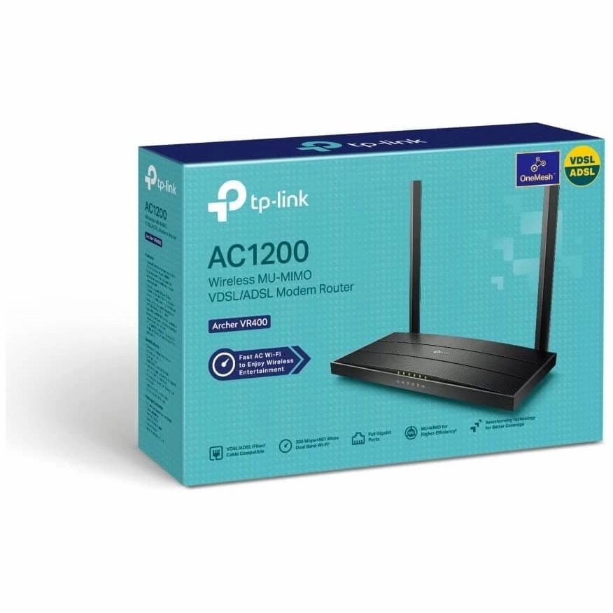 TP-Link AC1200 Wireless MU-MIMO VDSL/ADSL Modem Router, Dual-Band, Wi-Fi Speed Up To 1.2 Gbps, OneMeshTM, Versatile Connectivity, 4 x Gigabit Ports  1x 2.0 USB Port, Easy setup (Archer VR400)