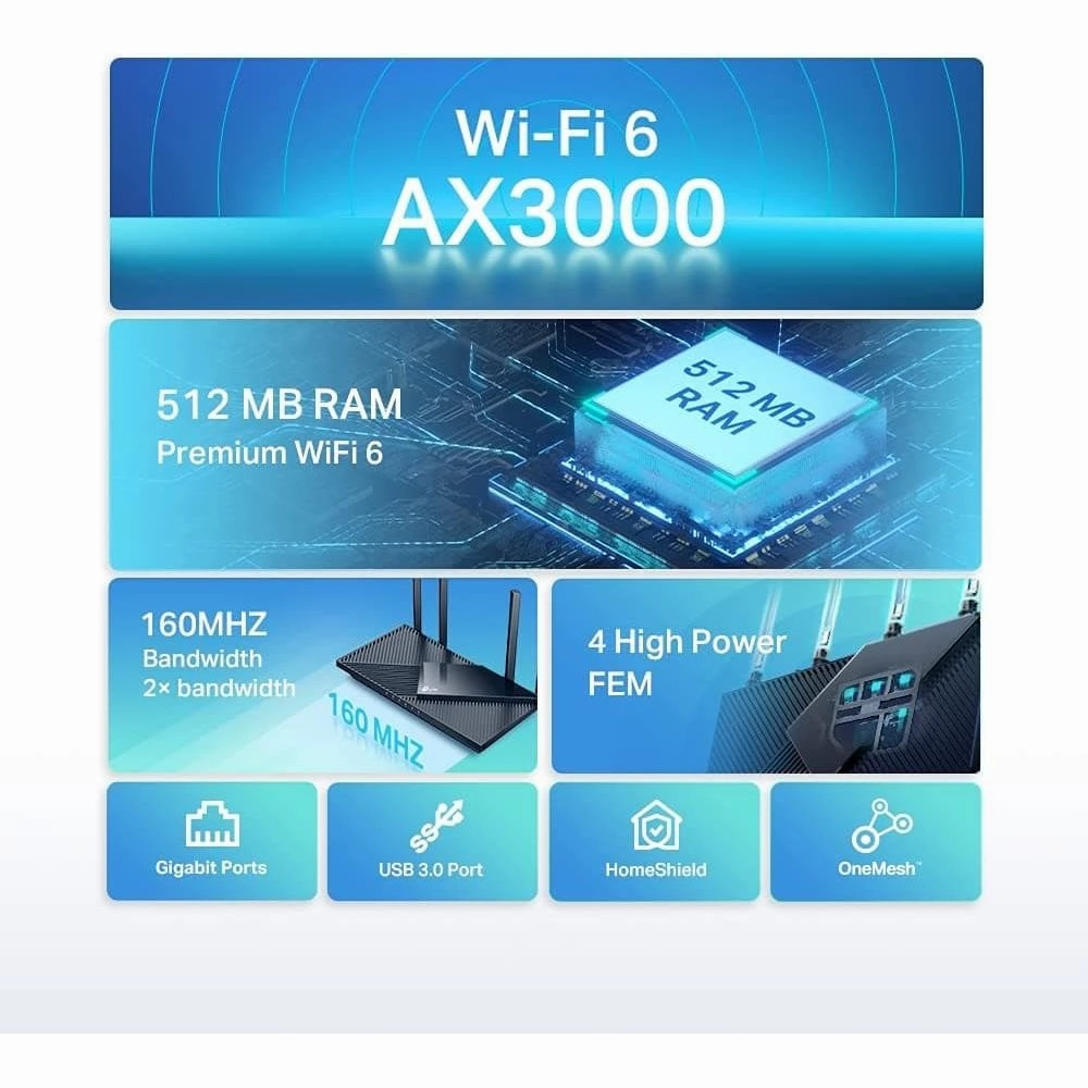 TP-Link Archer AX55 AX3000Mbps WiFi 6 Router, WiFi Router, Gigabit Ports, Internet Booster, WiFi Booster, Ultra-Low Latency, 160MHZ Bandwidth