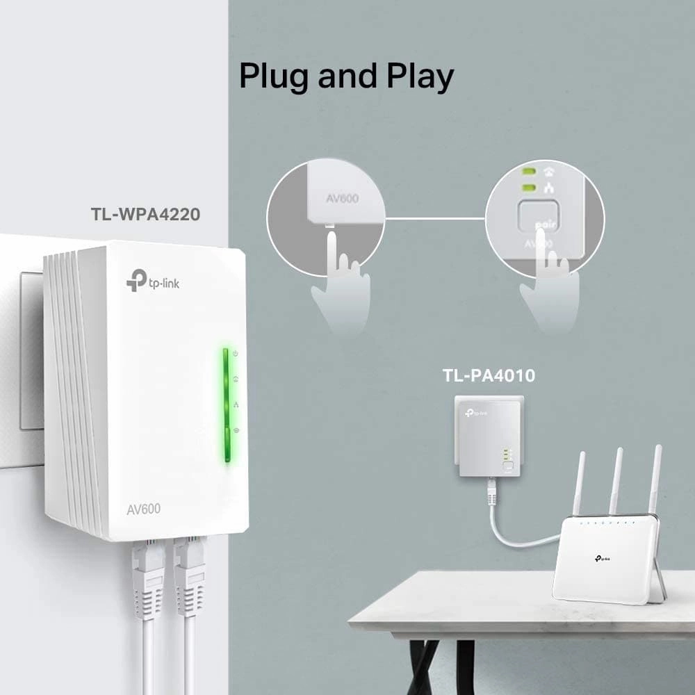 TP-Link AV600 Powerline Adapter Wi-Fi Kit, Wi-Fi Booster/Hotspot/ Extender, Wi-Fi Speed up to 300Mbps, 2 1 Ports| N300 Mbps AV600 Mbps plug and play (TL-WPA4220 KIT)