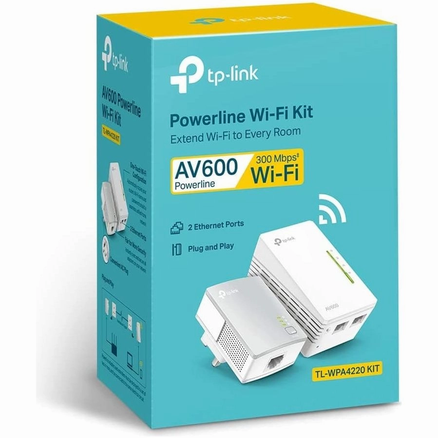 TP-Link AV600 Powerline Adapter Wi-Fi Kit, Wi-Fi Booster/Hotspot/ Extender, Wi-Fi Speed up to 300Mbps, 2 1 Ports| N300 Mbps AV600 Mbps plug and play (TL-WPA4220 KIT)