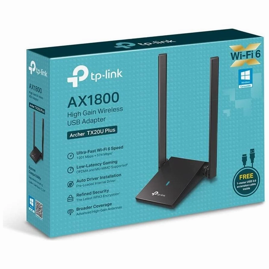 TP-Link AX1800 Wi-Fi 6 Dual Antennas High Gain Wireless USB 3.0 Adapter, Dual-Band, Auto Driver, MU-MIMO, Low- Latency, 1m Cable, Supports Windows 10/11, Highly Secure WPA3 (Archer TX20U Plus), Black