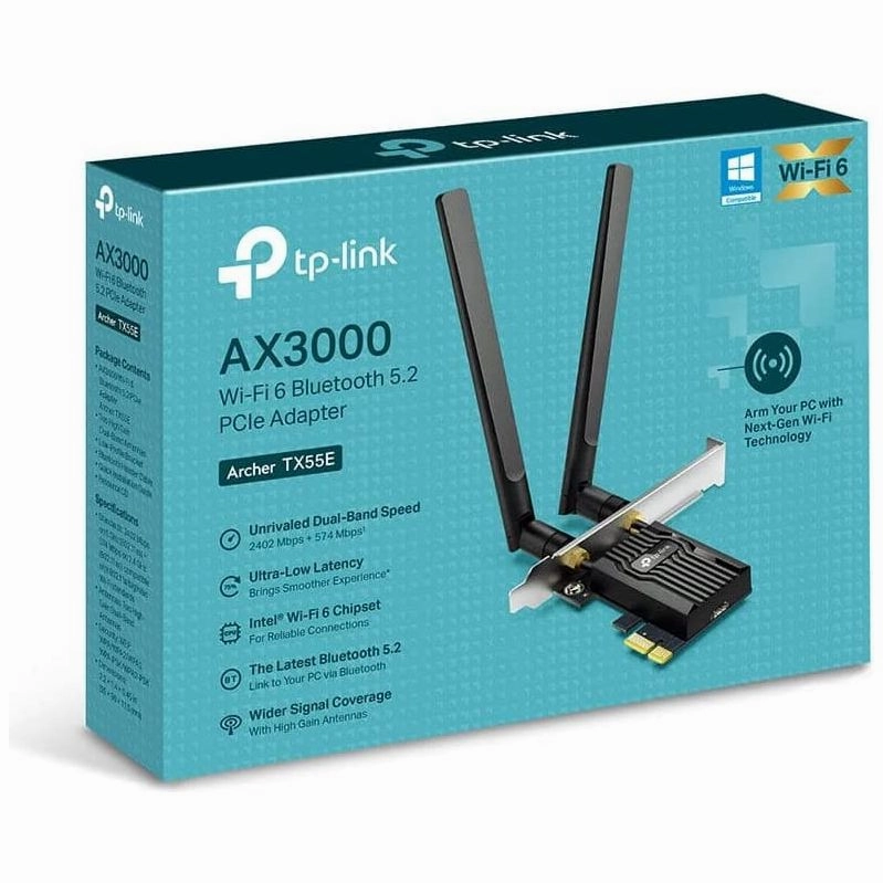 TP-Link AX3000 Dual-Band Wi-Fi 6 Bluetooth 5.2 PCIe Adapter with Two Antennas, specialized heatsink, 1024-QAM, Ultra-Low Latency, Intel? Wi-Fi 6 Chipset, Supports Windows 10/11(64bit) (Archer TX55E)