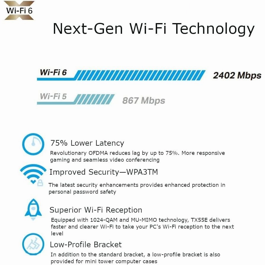 TP-Link AX3000 Dual-Band Wi-Fi 6 Bluetooth 5.2 PCIe Adapter with Two Antennas, specialized heatsink, 1024-QAM, Ultra-Low Latency, Intel? Wi-Fi 6 Chipset, Supports Windows 10/11(64bit) (Archer TX55E)