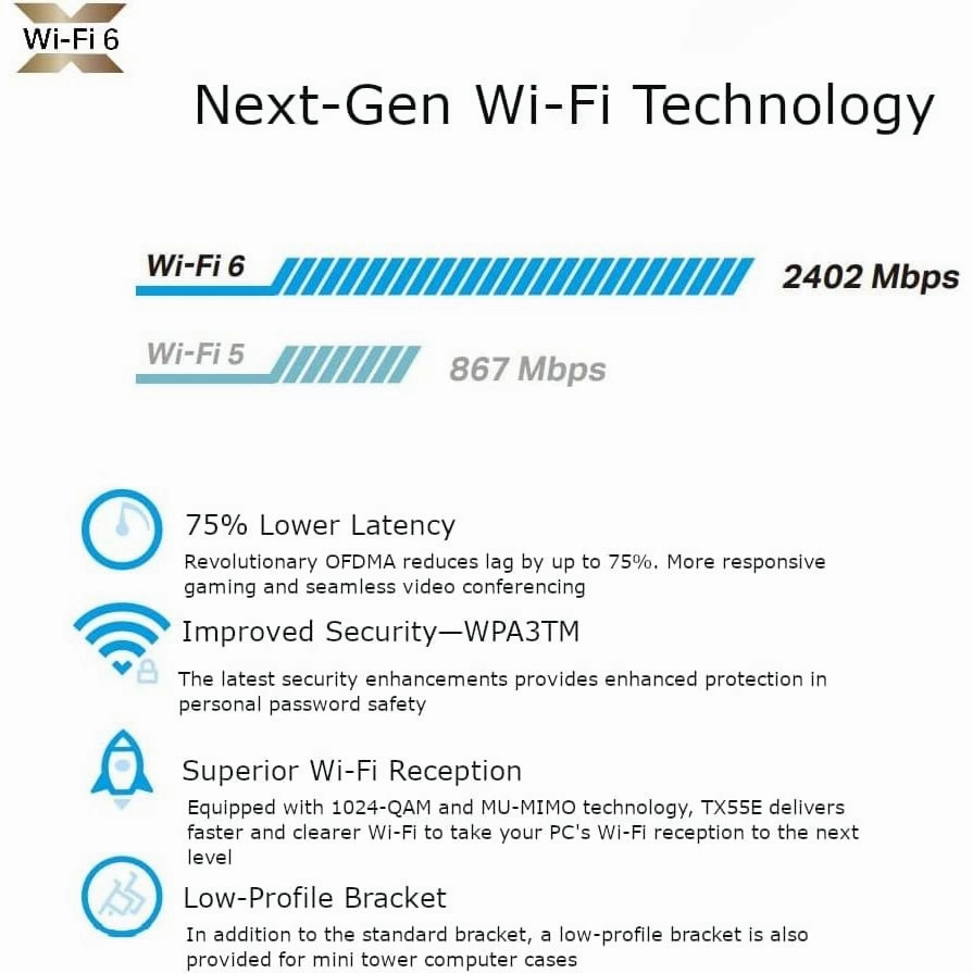 TP-Link AX3000 Dual-Band Wi-Fi 6 Bluetooth 5.2 PCIe Adapter with Two Antennas, specialized heatsink, 1024-QAM, Ultra-Low Latency, Intel? Wi-Fi 6 Chipset, Supports Windows 10/11(64bit) (Archer TX55E)