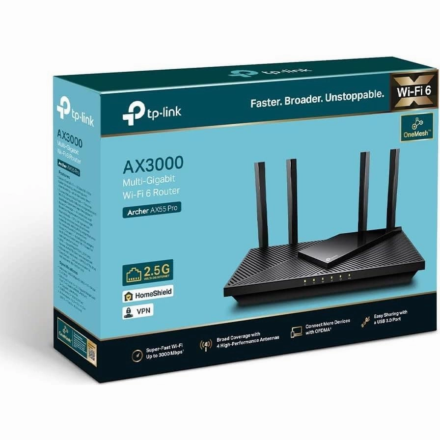 TP-Link AX3000 Multi-Gigabit Wi-Fi 6 Router with 2.5G Port, Dual-Band, OneMesh? /VPN Supported, USB 3.0 Port, Qualcomm CPU, Ideal for Gaming Xbox/PS4/8K Steam, TP-Link HomeShield (Archer AX55 Pro)