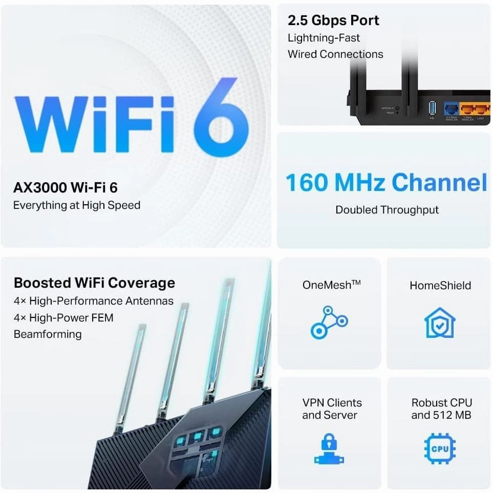TP-Link AX3000 Multi-Gigabit Wi-Fi 6 Router with 2.5G Port, Dual-Band, OneMesh? /VPN Supported, USB 3.0 Port, Qualcomm CPU, Ideal for Gaming Xbox/PS4/8K Steam, TP-Link HomeShield (Archer AX55 Pro)
