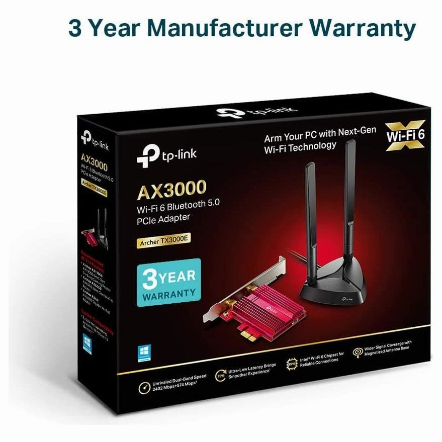 TP-LINK AX3000 Wi-Fi 6 Bluetooth 5.2 PCI Express Adapter with Two Antennas, Intel AX200, PCIe Network Interface Card for Desktop, Low-Profile Bracket Included ( Archer TX3000E)