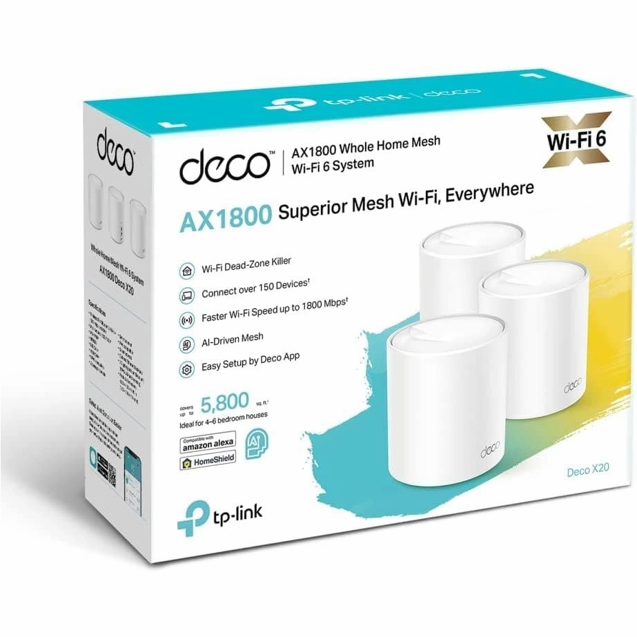 TP-Link Deco X20 AX1800 Whole Home Mesh Wi-Fi 6 System, AI-Driven Mesh, Up to 5,800 Sq ft Coverage, 1 GHz Quad-Core CPU, Compatible with Amazon Alexa, With TP-Link HomeShield's kit, Pack of 3, White