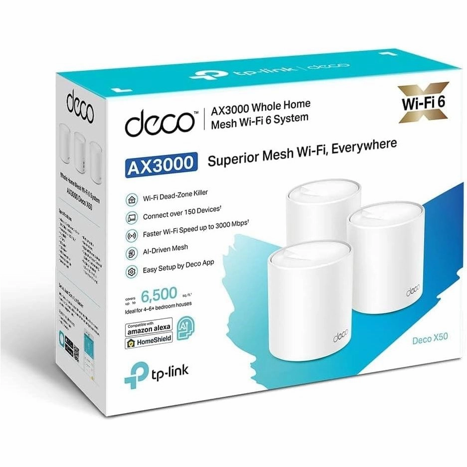 TP-Link Deco X50(3-pack) AX3000Mbps Mesh WiFi 6 System, AI-Driven, Coverage up to 6500ft2, Seamless Roaming WiFi Mesh System, Gaming & 4K, Easy Setup, Alexa & Google Home, TP-Link HomeShield