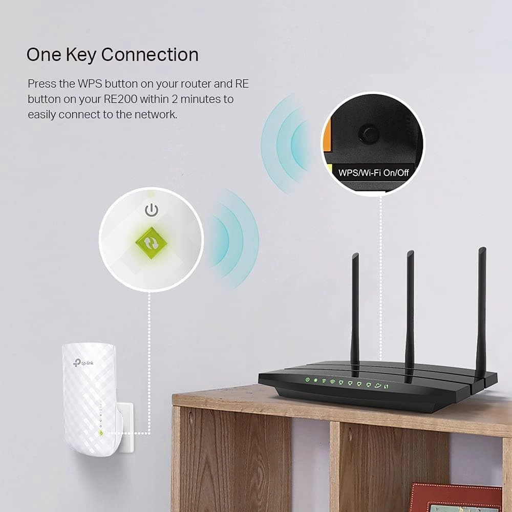 TP-Link RE200 AC750 Universal Dual Band Range Extender, Broadband/Wi-Fi Extender, Wi-Fi Booster/Hotspot with Ethernet Port, Plug and Play, Smart Signal Indicator, UK Plug