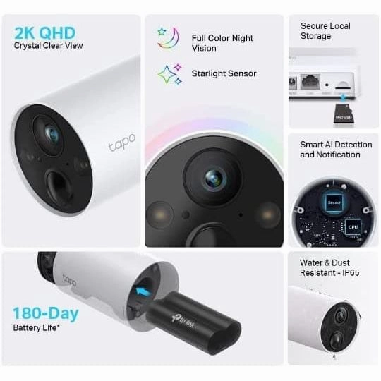 TP-Link Tapo 2K QHD Wireless Outdoor Security Camera, 1-Cam with Hub included, 180-Day Rechargeable Battery, 4MP, Colour Night Vision, AI Detection, SD Storage, Works with Alexa & Google (Tapo C420S1)
