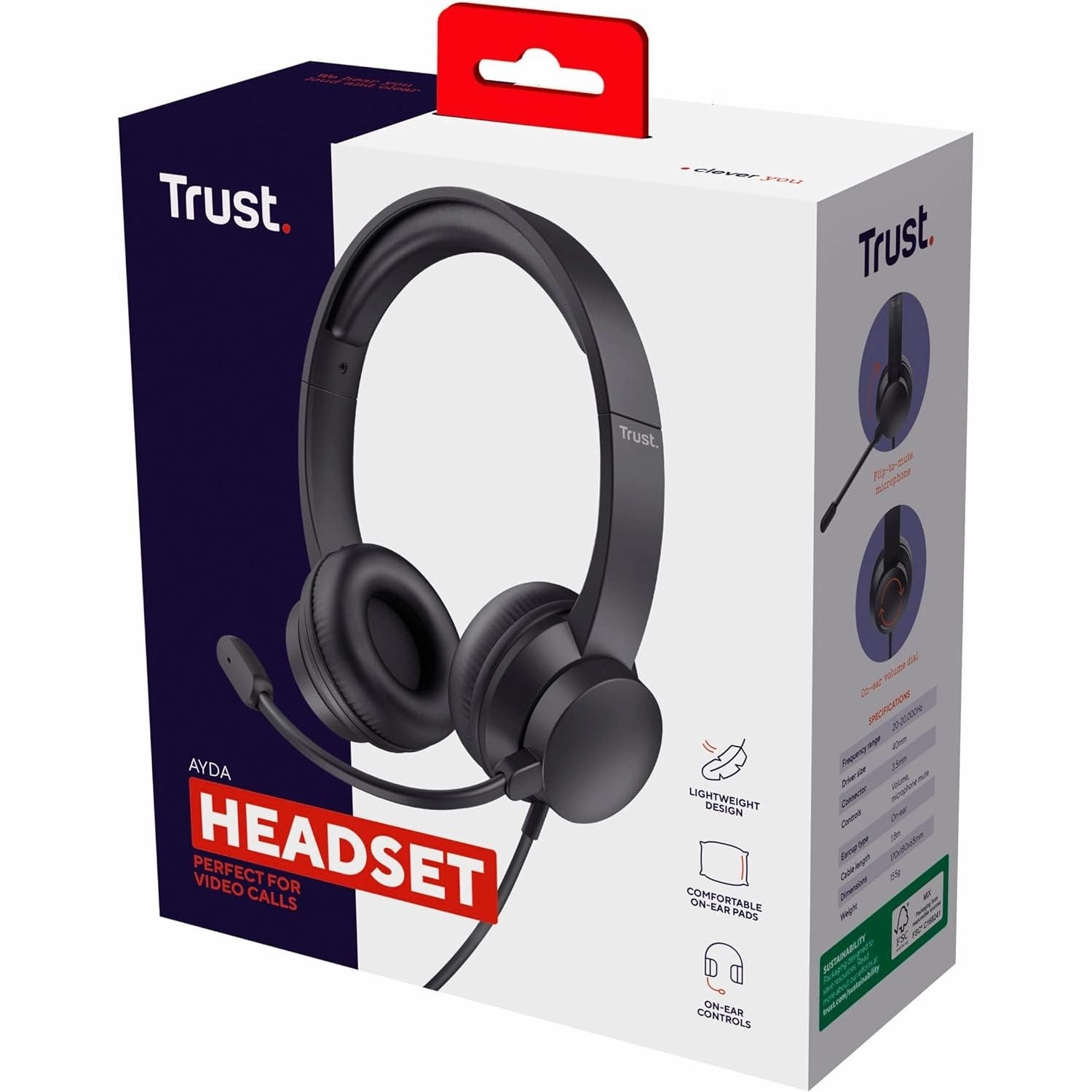 Trust Ayda On-Ear Wired Headset with Microphone  3.5mm Jack, Lightweight, Adjustable Headband, 1.8m Cable  For PC, Laptop, Mac, Zoom & Teams  Black