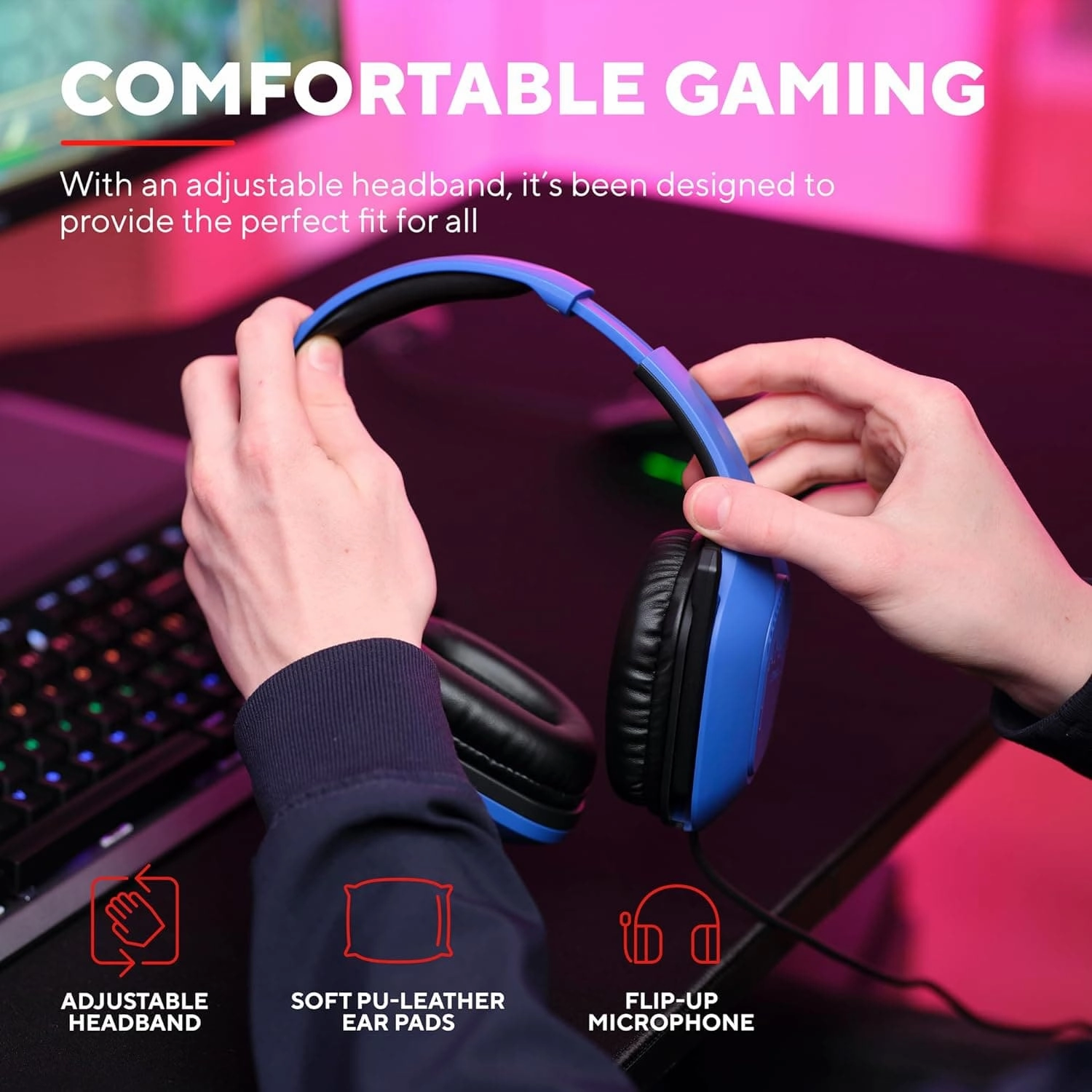 Trust Gaming GXT 415B Zirox Lightweight Gaming Headset with 50mm Drivers for PC, Xbox, PS4, PS5, Switch, Mobile, 3.5 mm Jack, 2m Cable, Foldaway Microphone, Over-Ear Wired Headphones - Blue