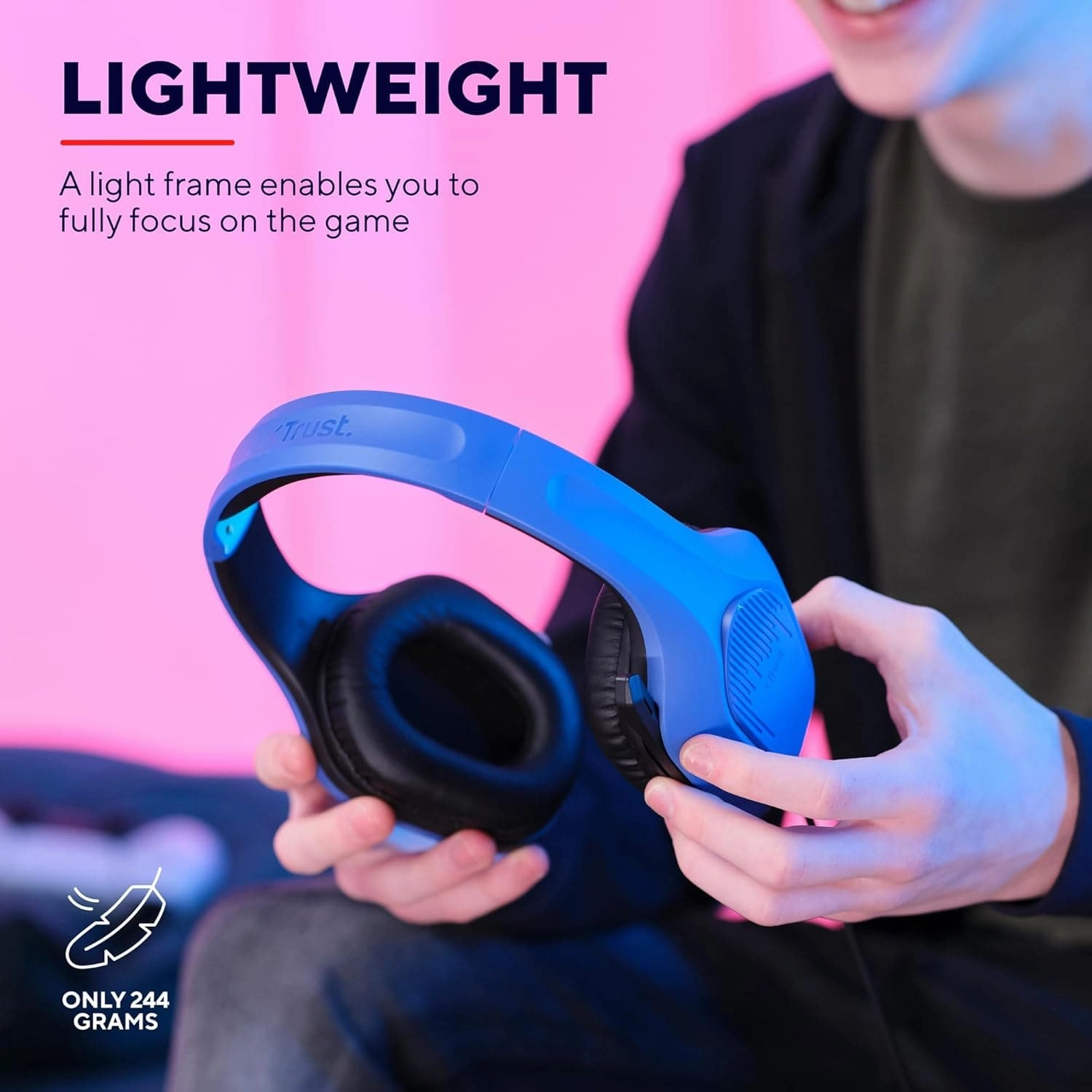 Trust Gaming GXT 415B Zirox Lightweight Gaming Headset with 50mm Drivers for PC, Xbox, PS4, PS5, Switch, Mobile, 3.5 mm Jack, 2m Cable, Foldaway Microphone, Over-Ear Wired Headphones - Blue